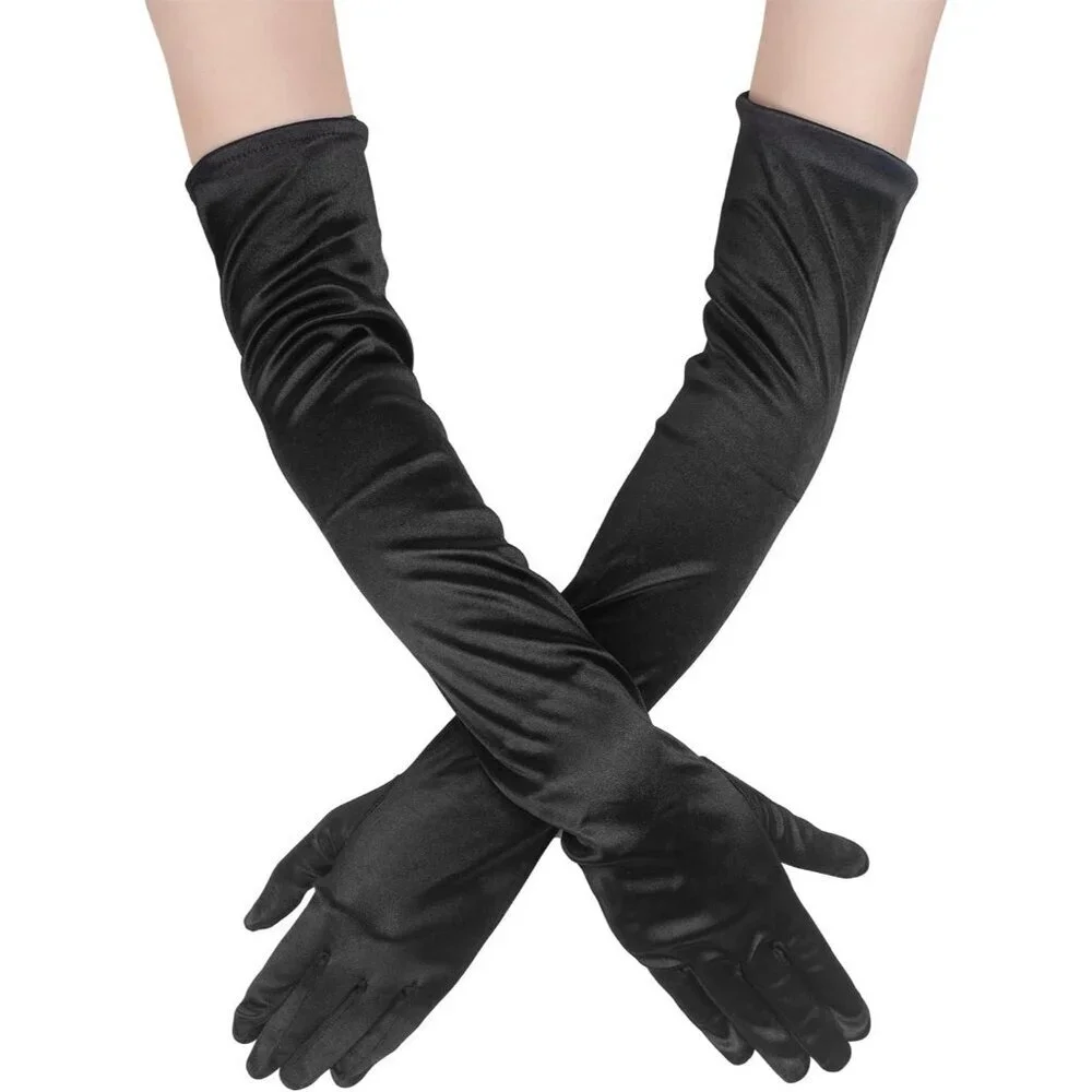 Women's Black Long Satin Opera Fabric Gloves Party Tea Stretchy Elbow Length